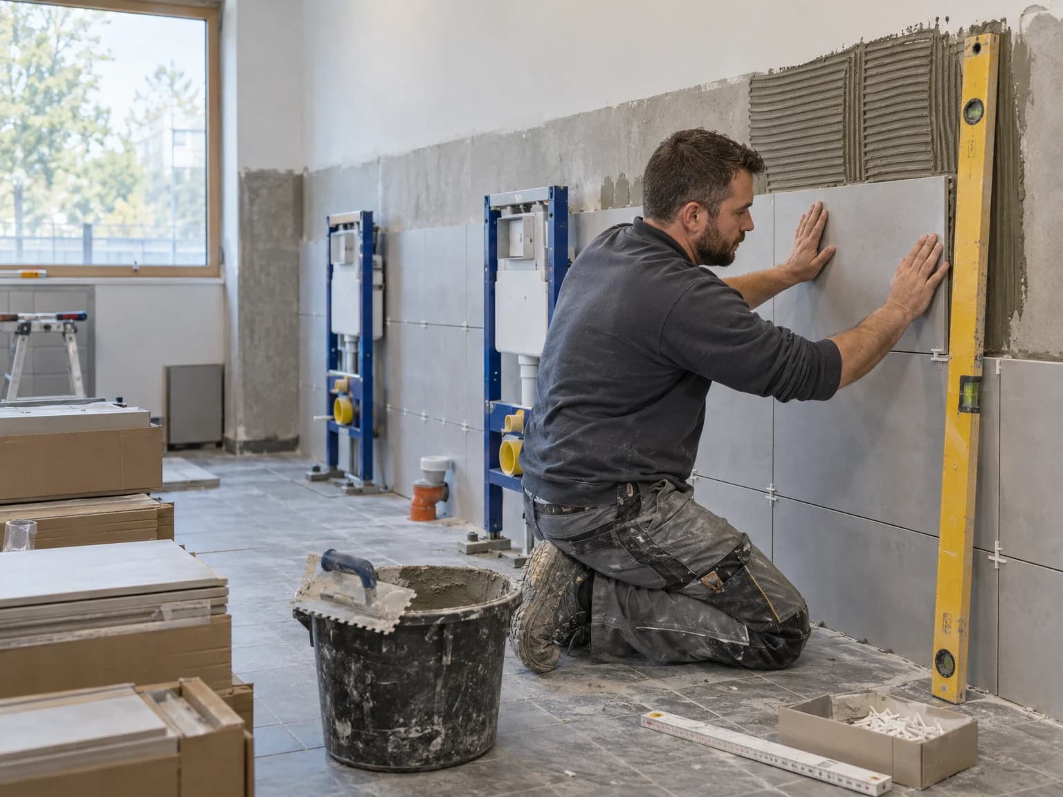 Fliesenleger verlegt Wandfliesen in einem Sanitärraum