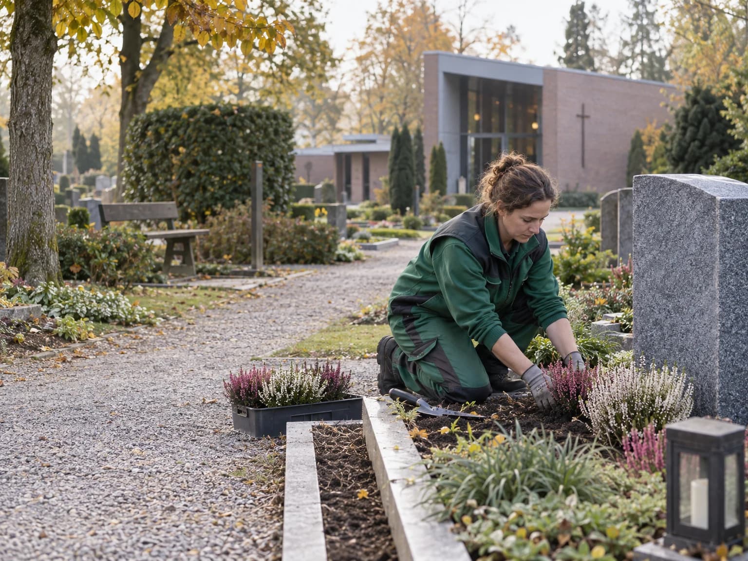 Friedhofsgärtner pflegt eine Grabstelle, im Hintergrund eine Trauerhalle