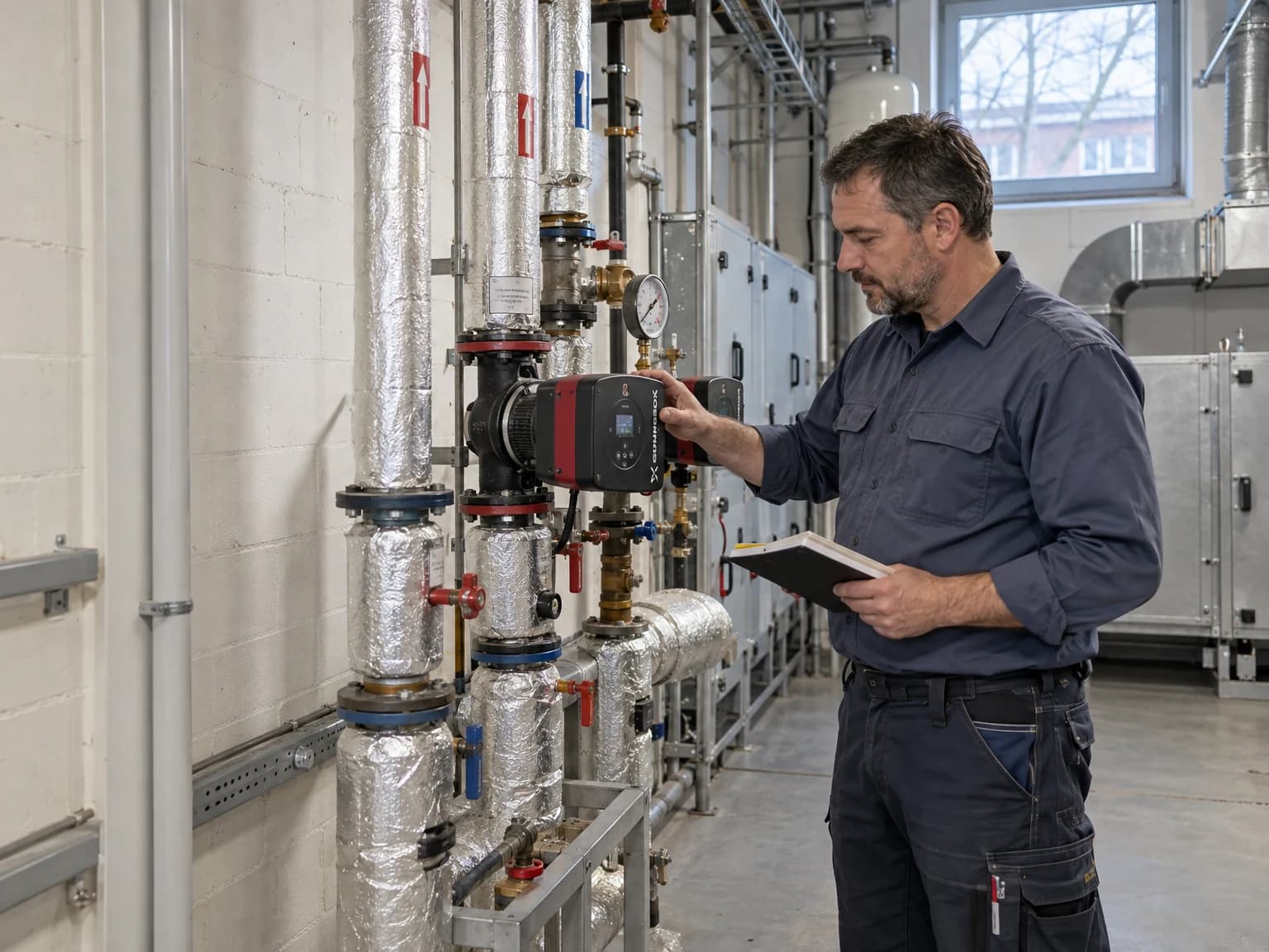 Heizungstechniker prüft eine Umwälzpumpe in der Heizungs- und Lüftungszentrale eines öffentlichen Gebäudes