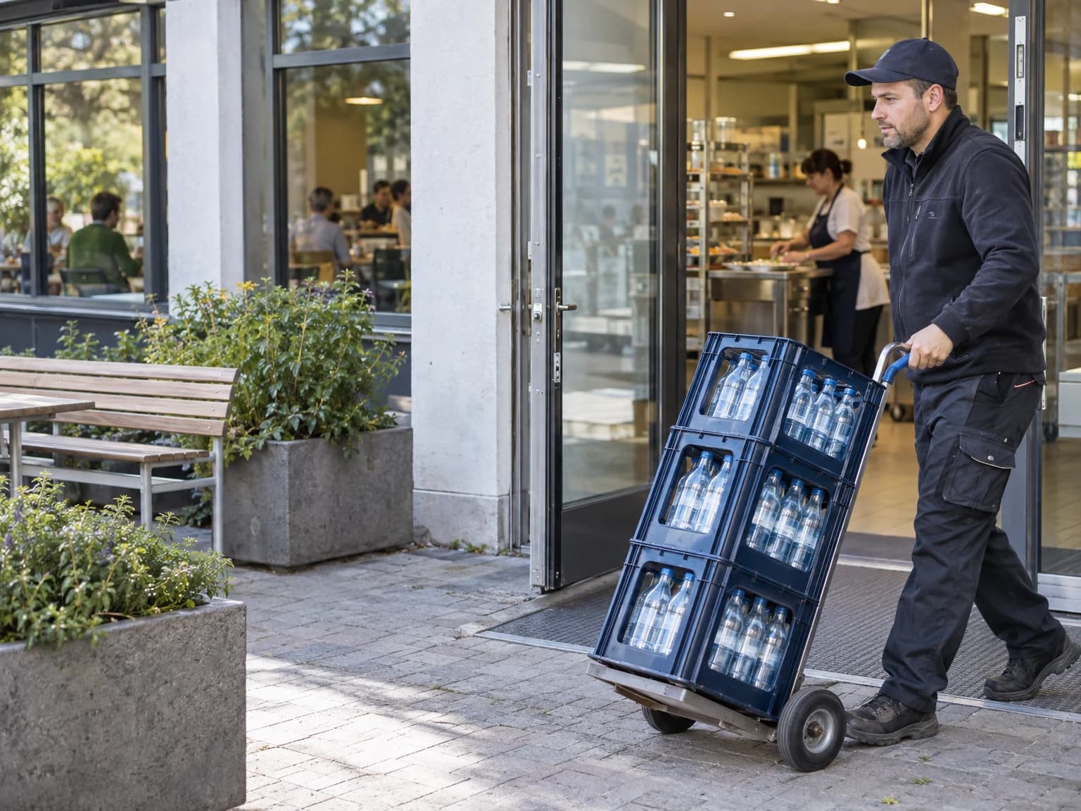 Fahrer liefert Getränkekisten mit einer Sackkarre an eine Kantine