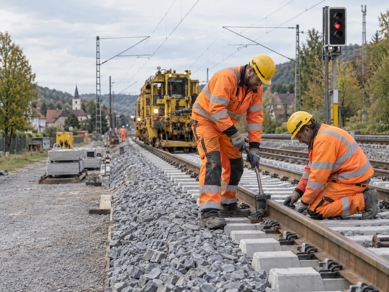 Gleisbauer arbeiten an einem Gleis mit Schotterbett, im Hintergrund eine Stopfmaschine und ein Signal