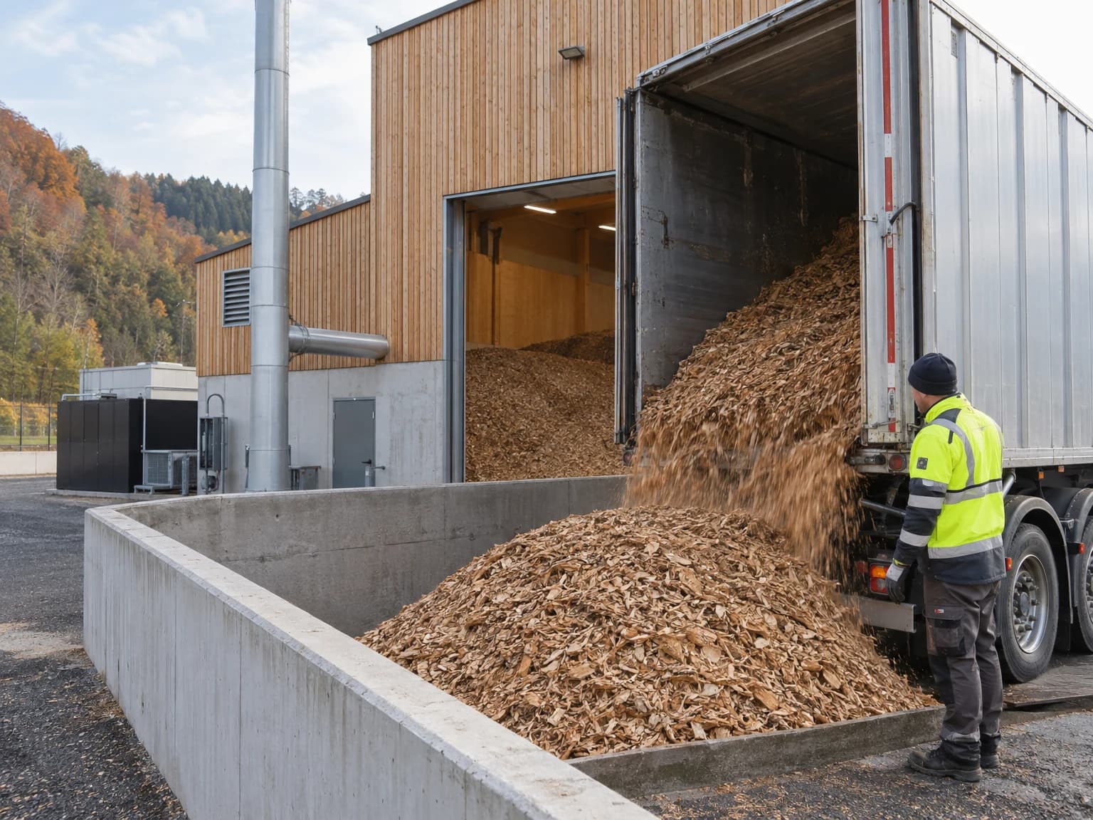 Lkw liefert Holzhackschnitzel an ein Heizwerk