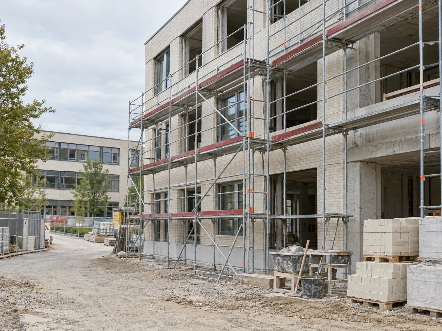 Baustelle eines mehrgeschossigen öffentlichen Gebäudes mit Mauerwerk, Beton und Fassadengerüst