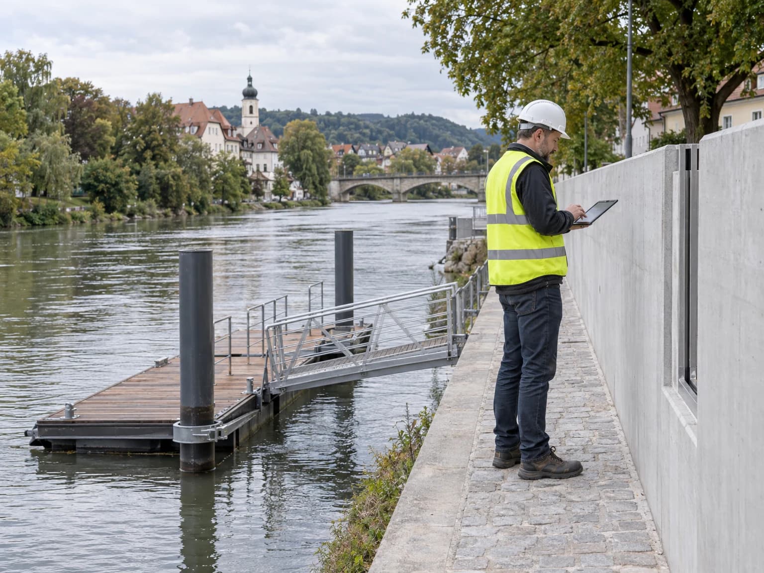 Neue Hochwasserschutzmauer und ein Bootssteg an einem Flussufer