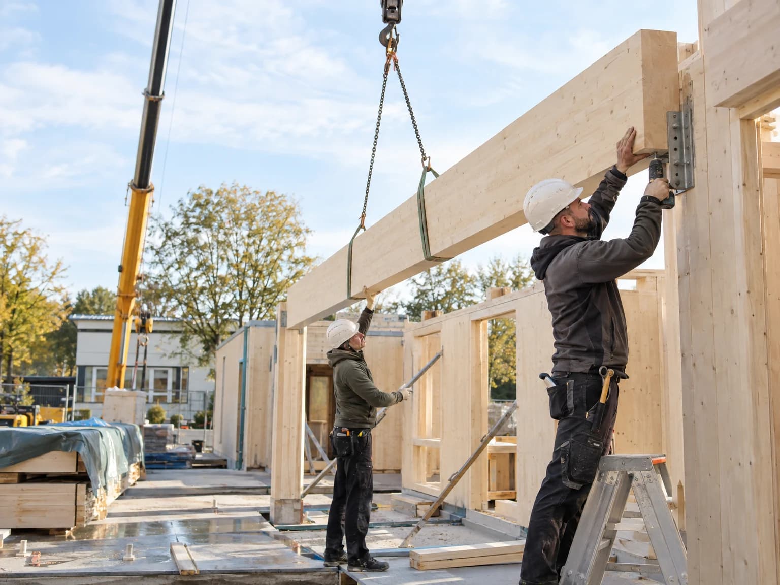 Zimmerer montieren das Holztragwerk eines Neubaus