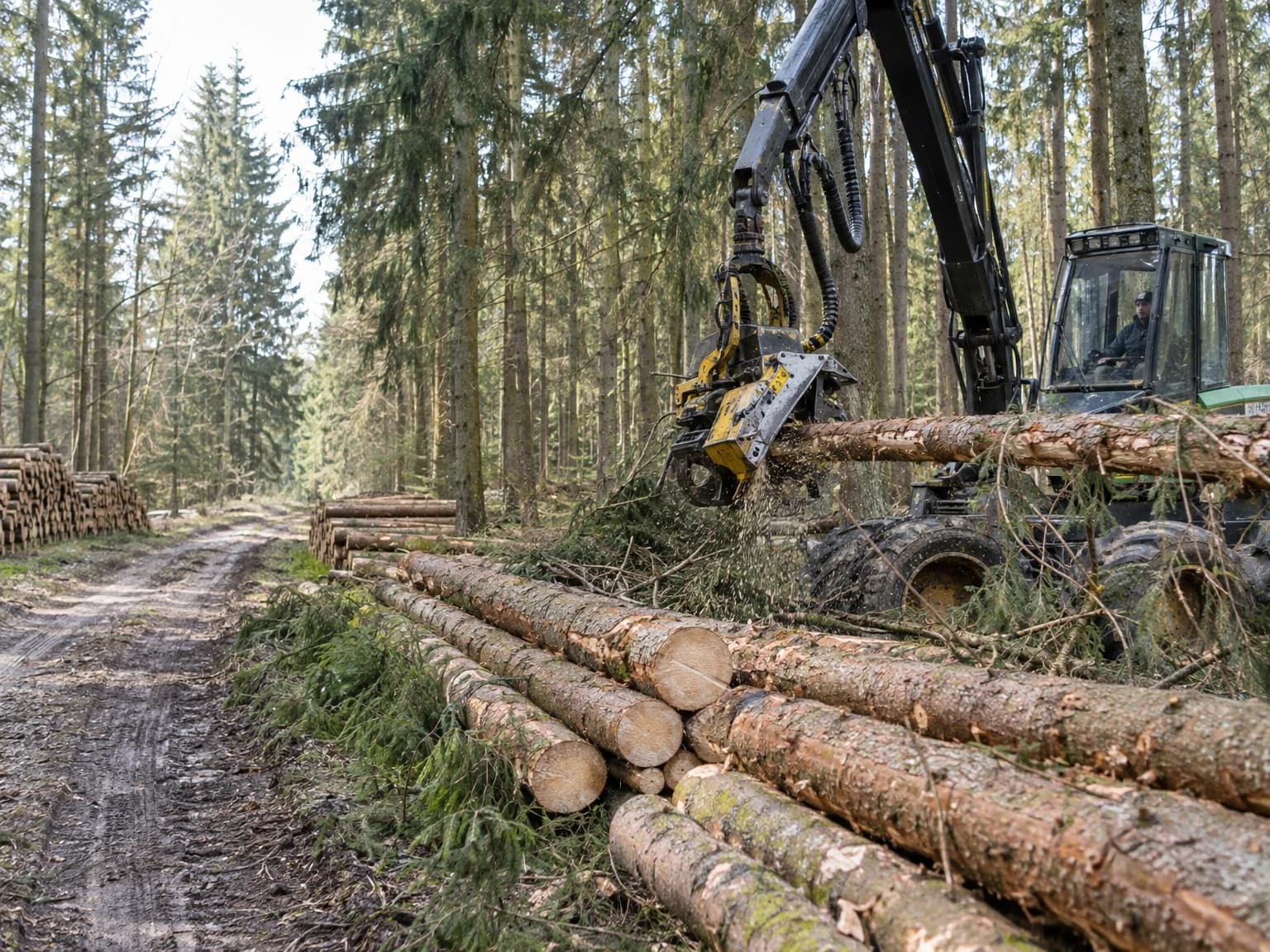 Harvester bei der Holzernte, daneben gestapelte Stämme am Waldweg