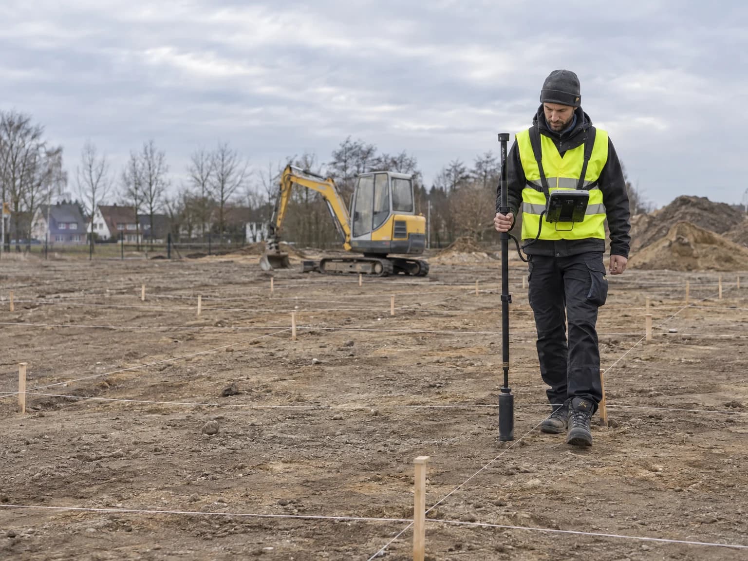 Fachkraft sondiert eine Baufläche mit einer Magnetometersonde nach Kampfmitteln