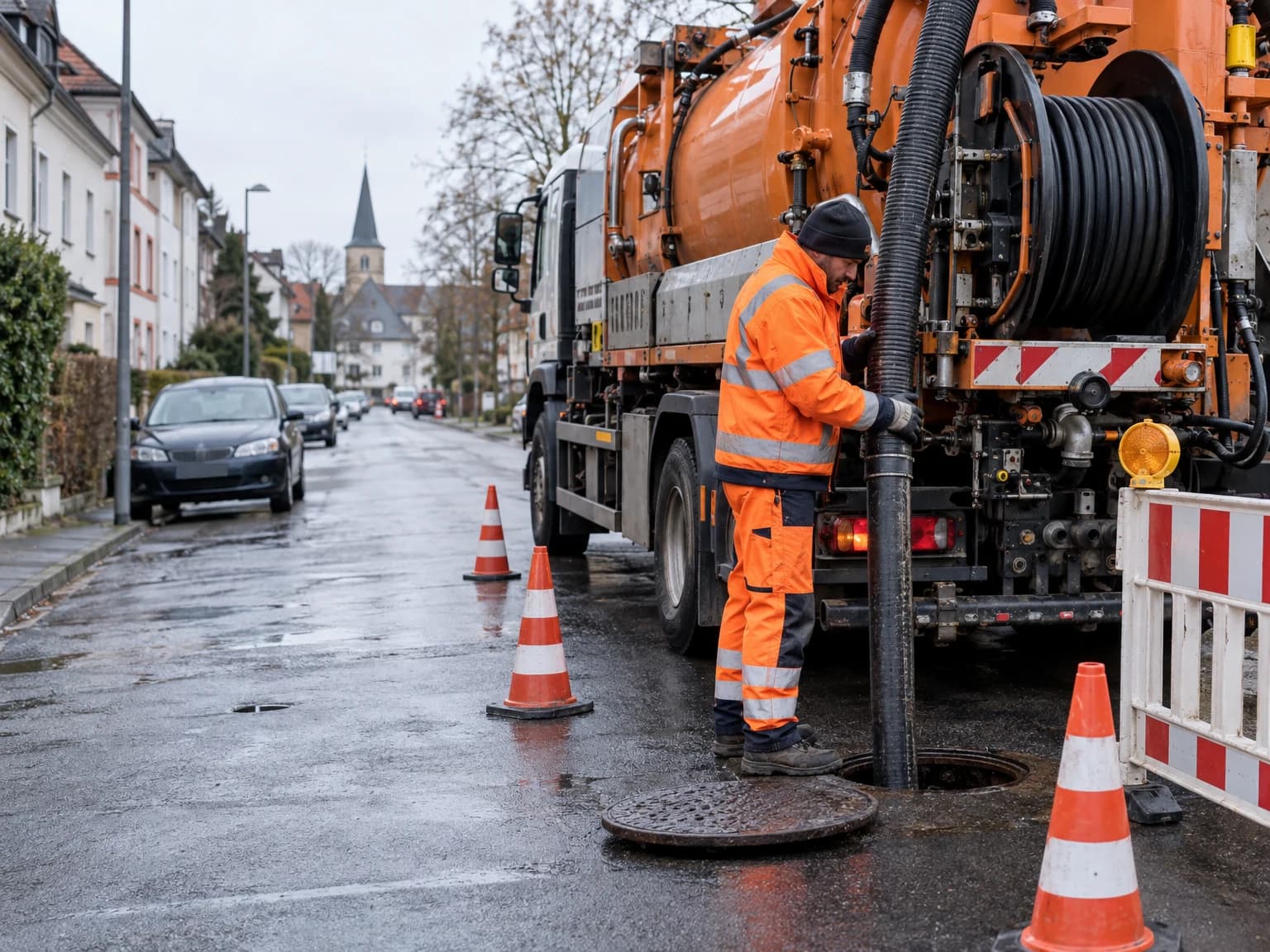 Saug- und Spülfahrzeug reinigt einen Abwasserkanal über einen Straßenschacht