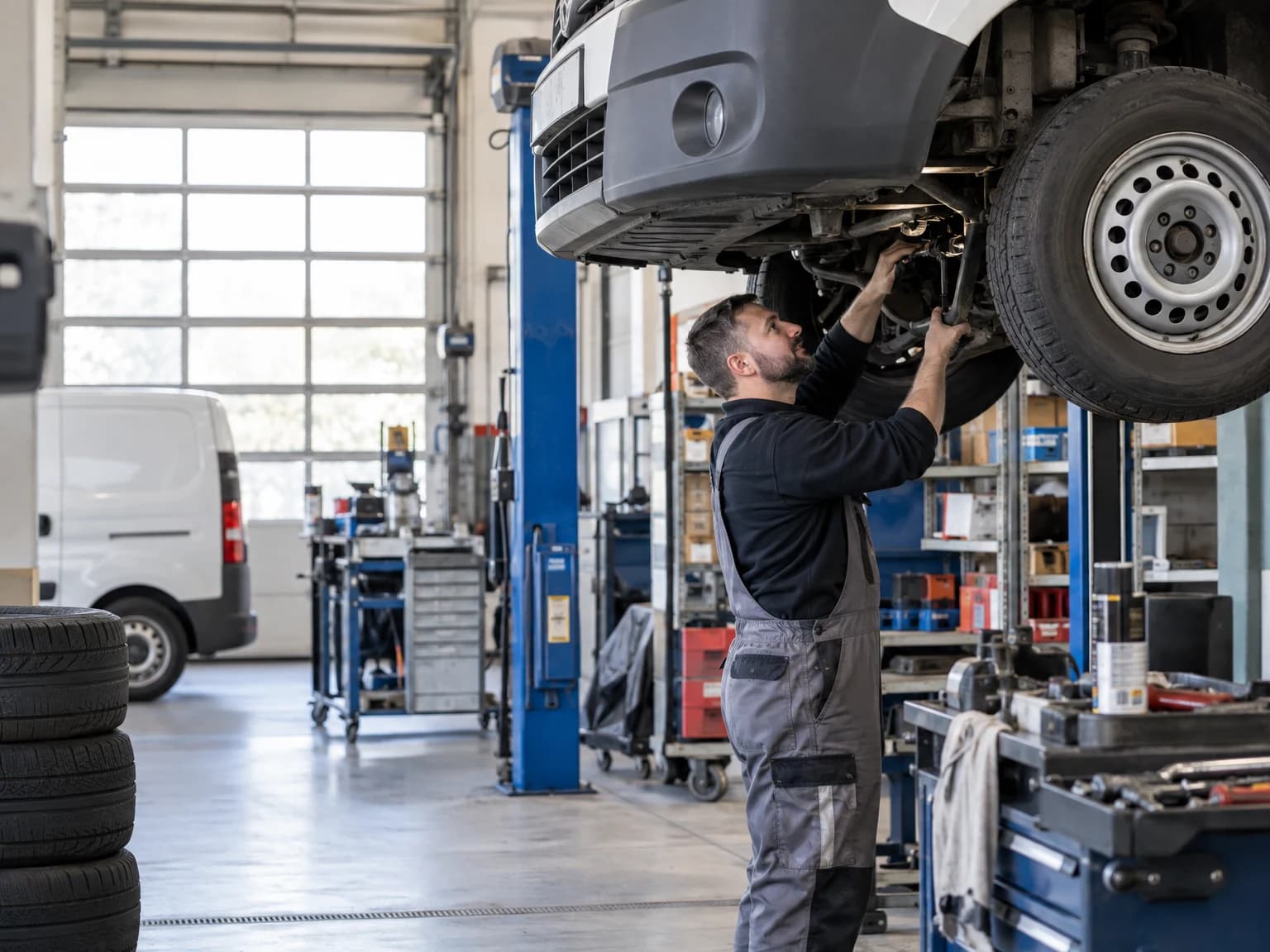 Kfz-Mechaniker arbeitet an einem Transporter auf der Hebebühne