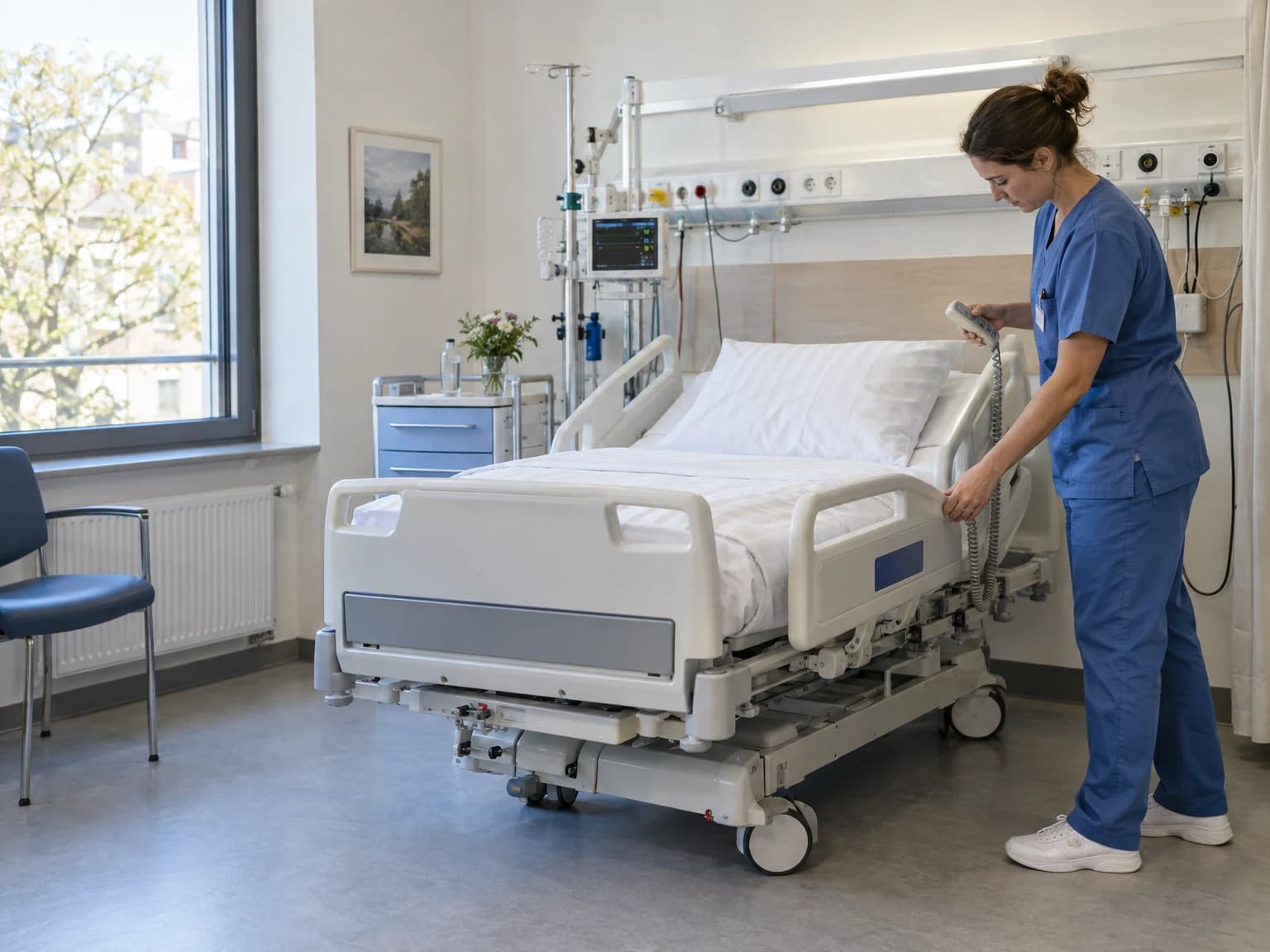 Pflegefachkraft bereitet ein elektrisch verstellbares Patientenbett in einem hellen Klinikzimmer vor