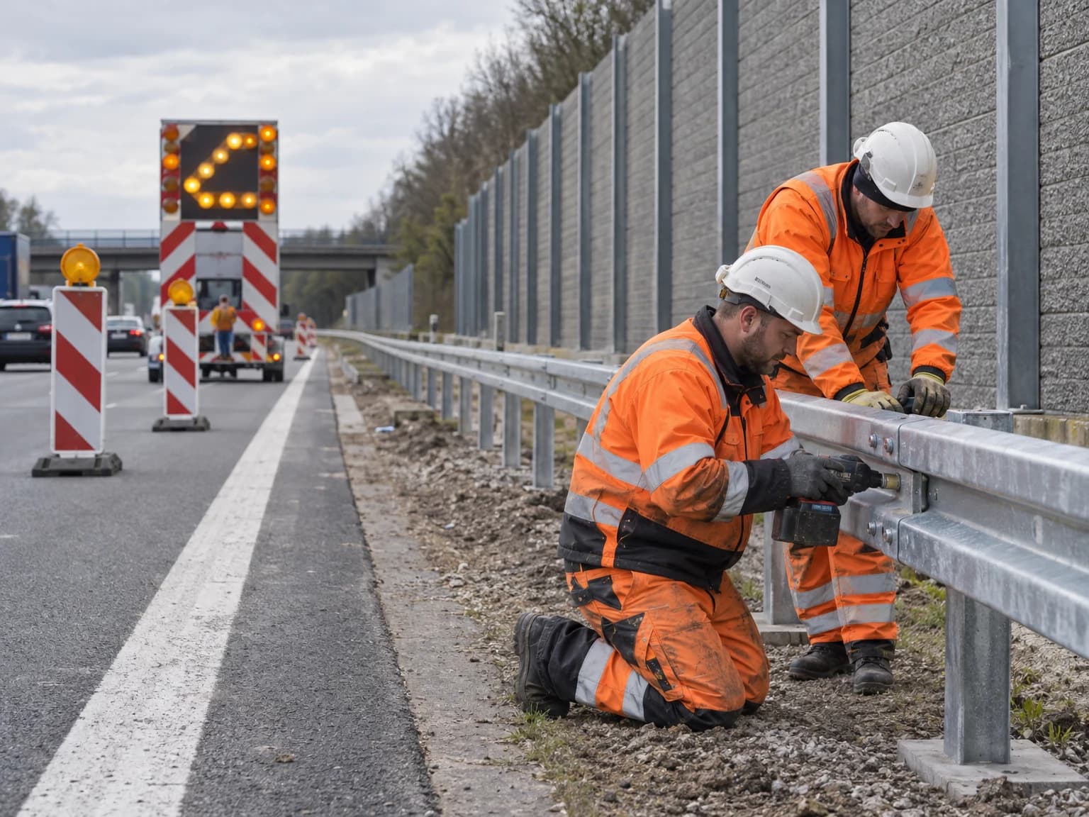 Monteure setzen Schutzplanken an einer Bundesstraße, dahinter eine neue Lärmschutzwand