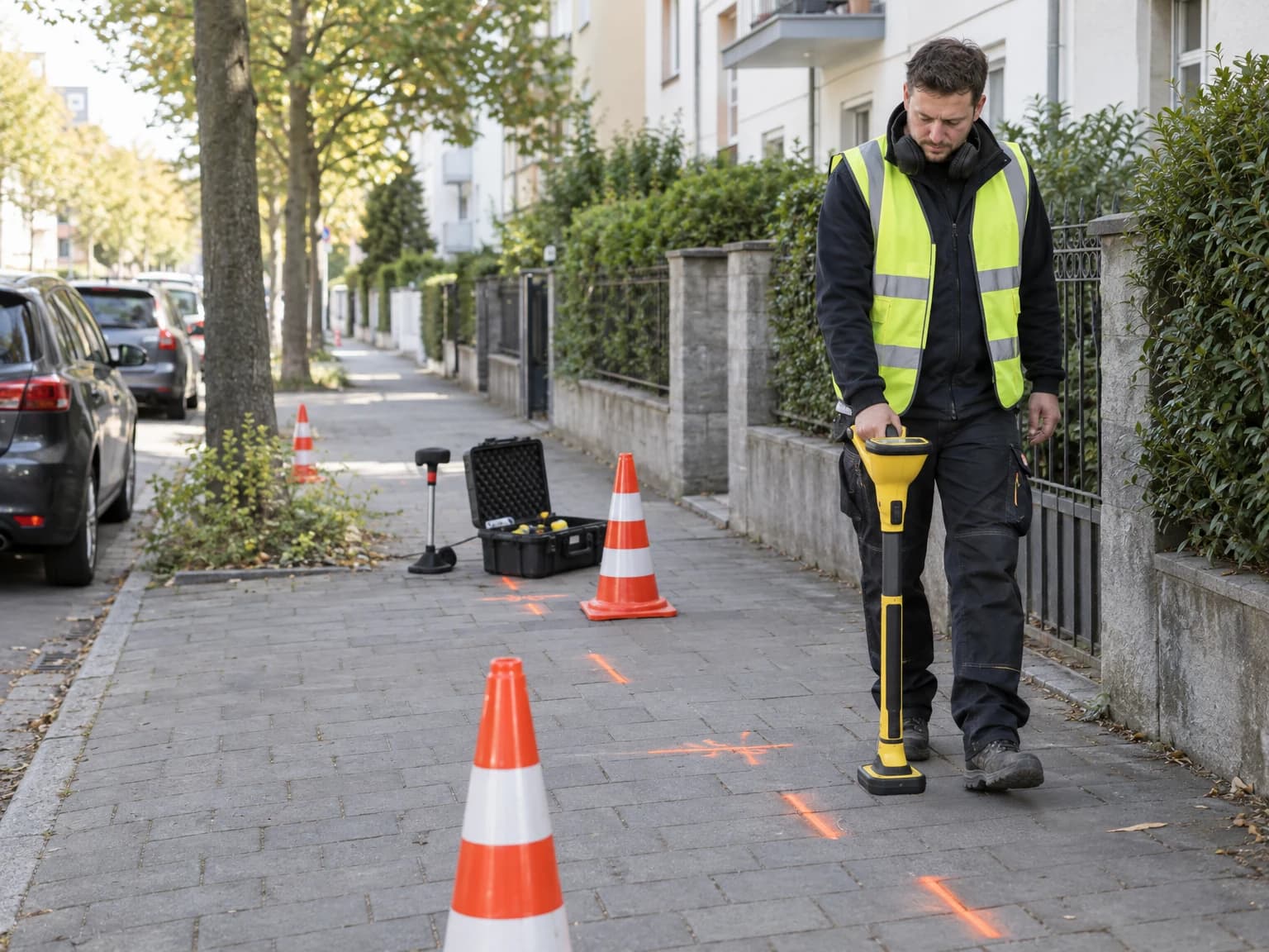 Techniker ortet mit einem Messgerät eine Leitung unter dem Gehweg und markiert sie