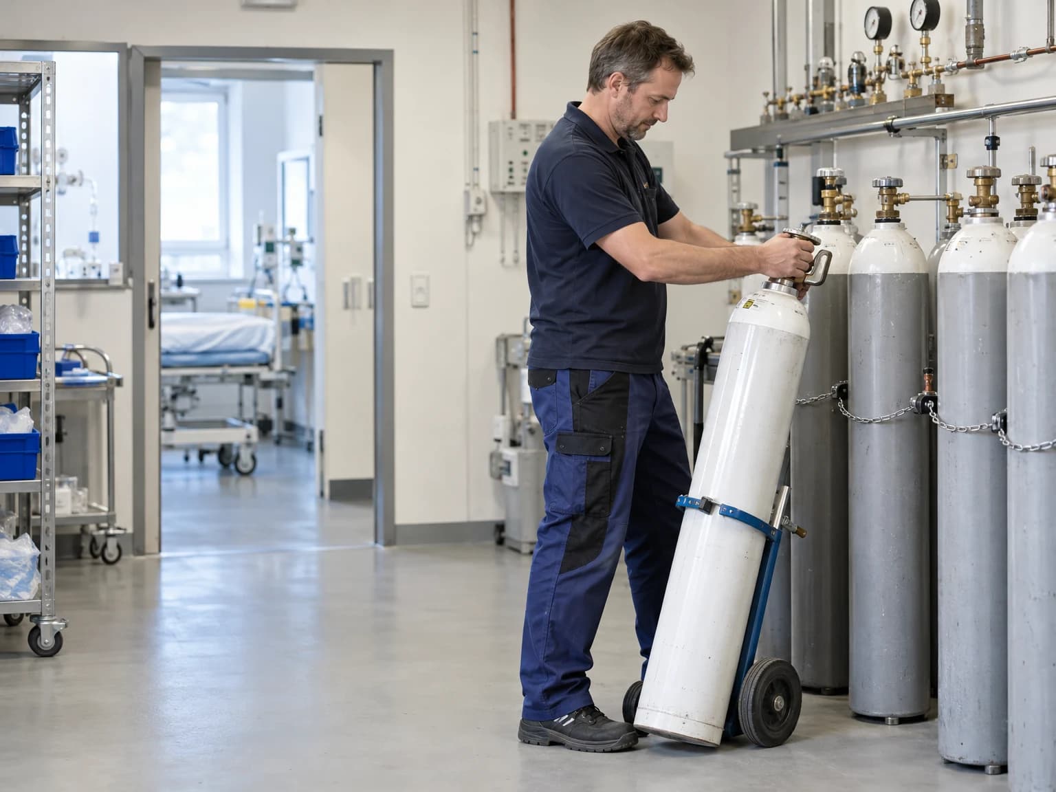 Techniker tauscht Sauerstoffflaschen in einem Versorgungsraum eines Krankenhauses
