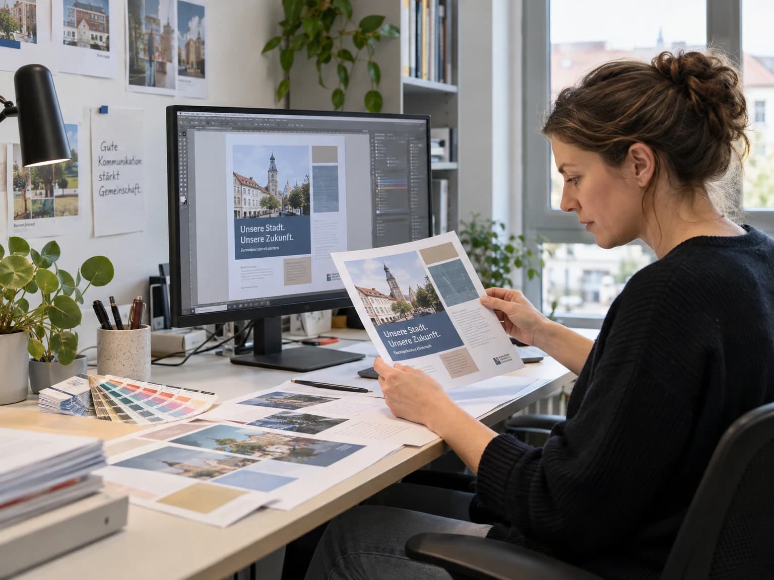 Gestalterin prüft Layouts und gedruckte Entwürfe für eine öffentliche Informationskampagne