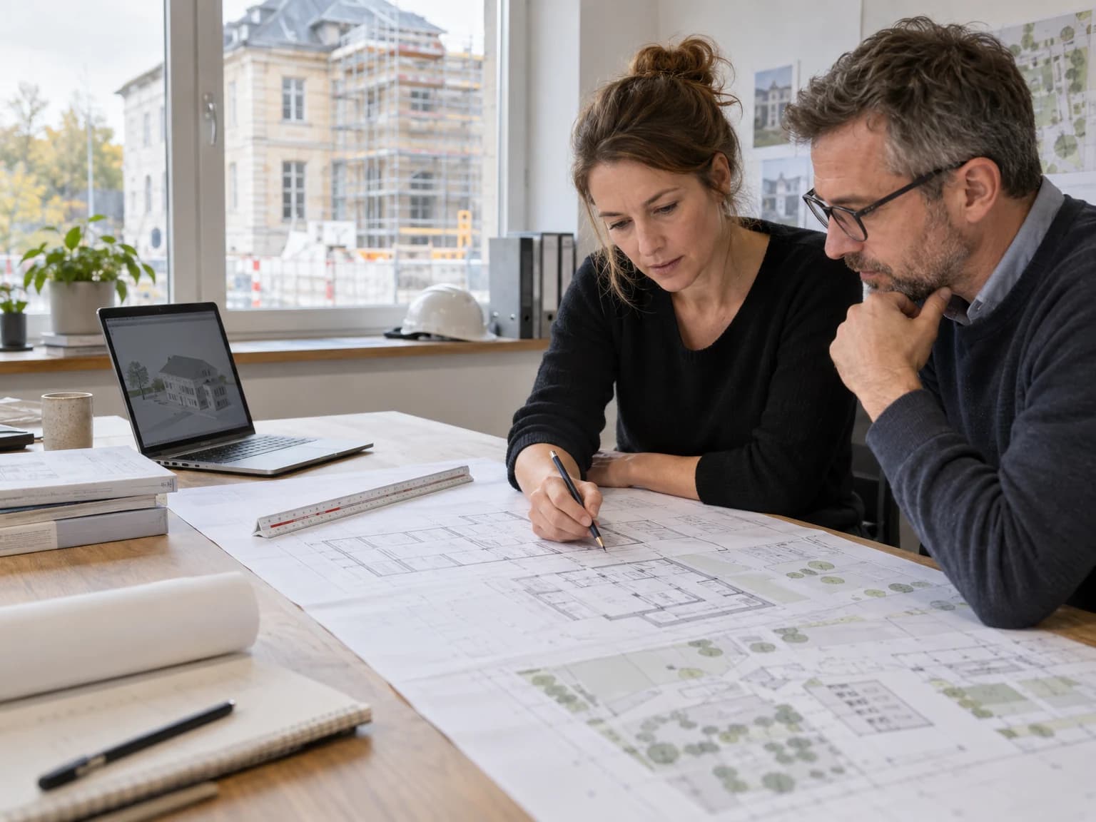 Zwei Planungsfachkräfte prüfen Bauzeichnungen an einem Tisch mit Blick auf ein öffentliches Bauprojekt