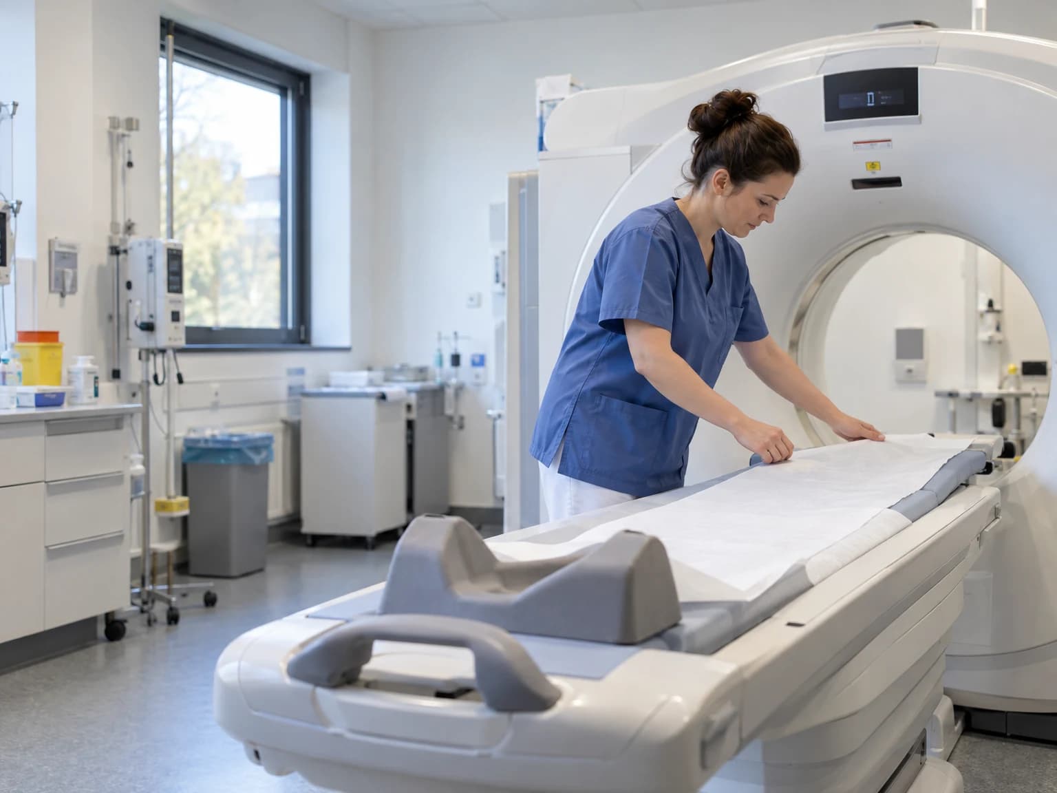 Medizinische Technologin bereitet ein CT-Gerät für die nächste Untersuchung vor