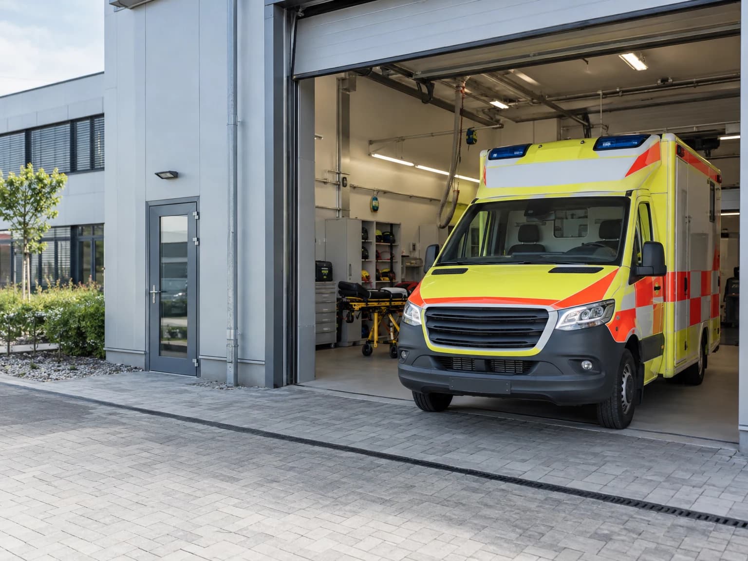 Rettungswagen vor der Fahrzeughalle einer Rettungswache