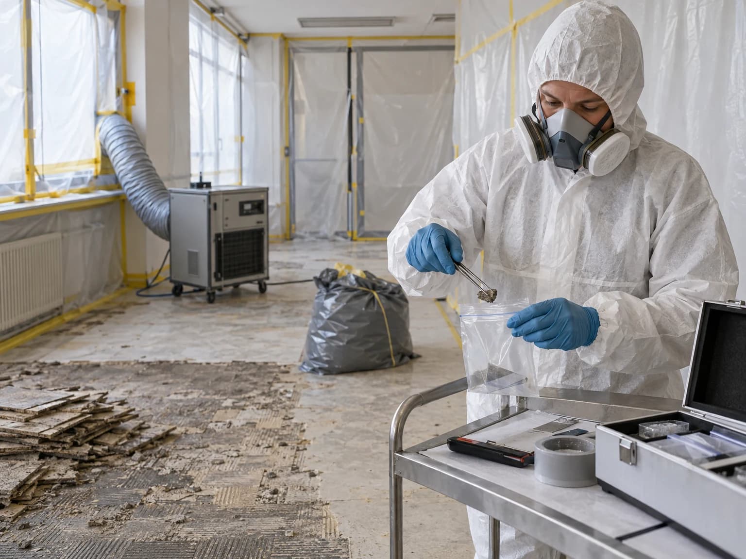Fachkraft in Schutzanzug und Atemschutz entnimmt in einem abgeschotteten Raum eine Materialprobe