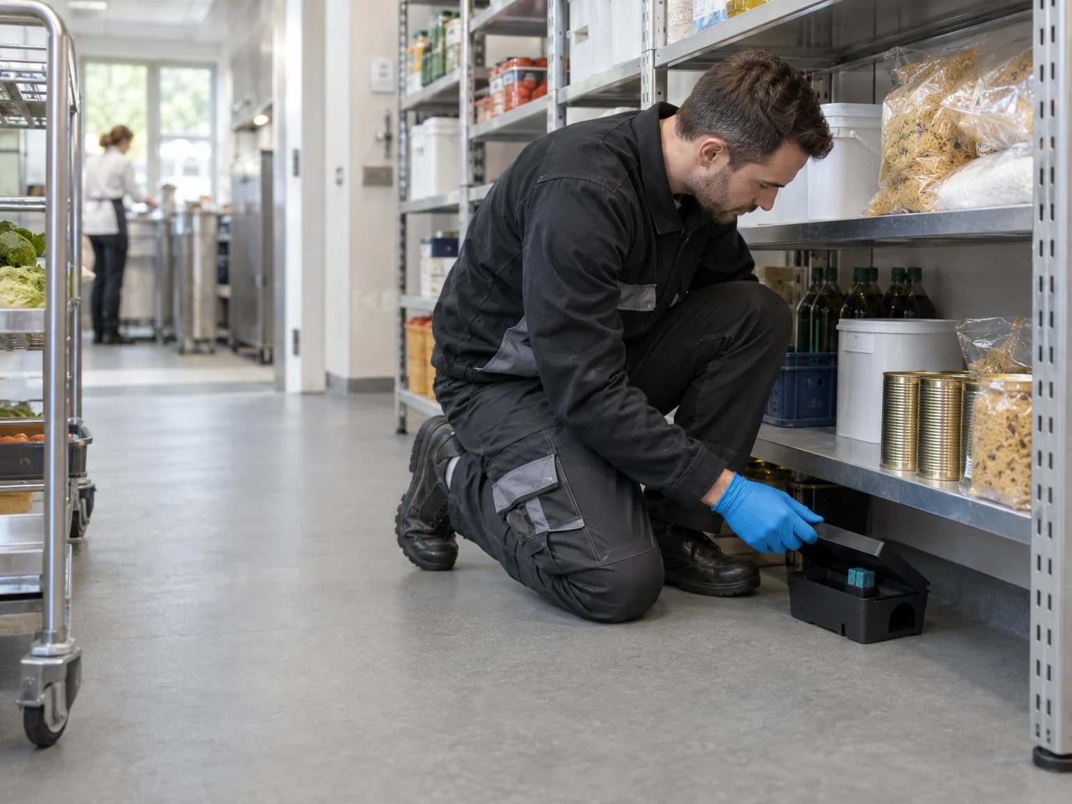 Schädlingsbekämpfer kontrolliert eine Köderstation in einem Lagerraum