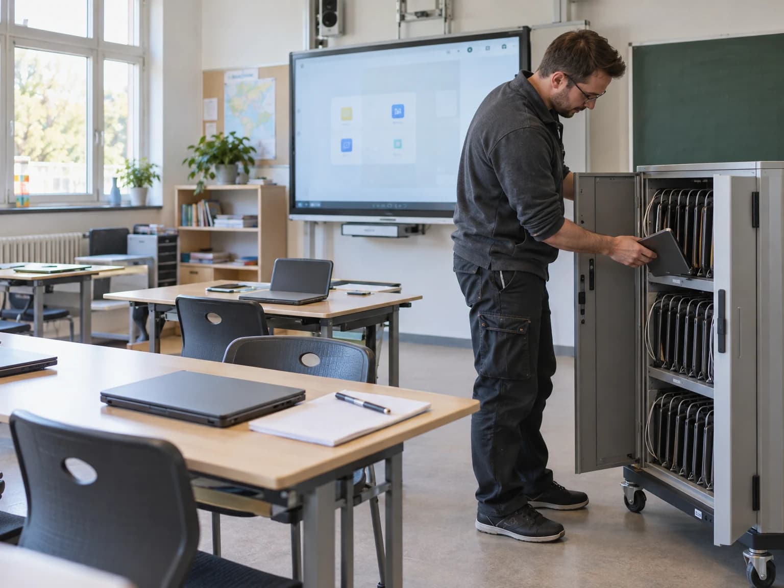 IT-Betreuer bereitet einen Ladewagen mit Tablets in einem Klassenraum mit digitaler Tafel vor