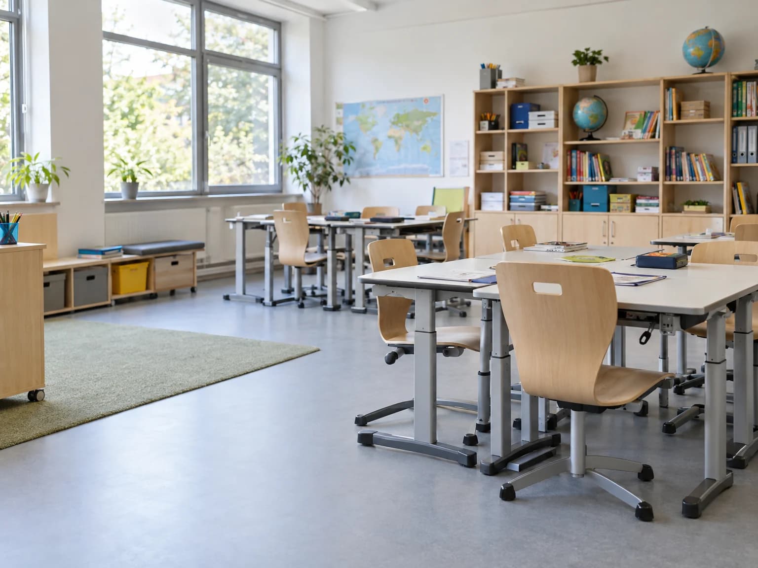 Klassenraum mit neuen Schülertischen, Stühlen und Lernmaterial