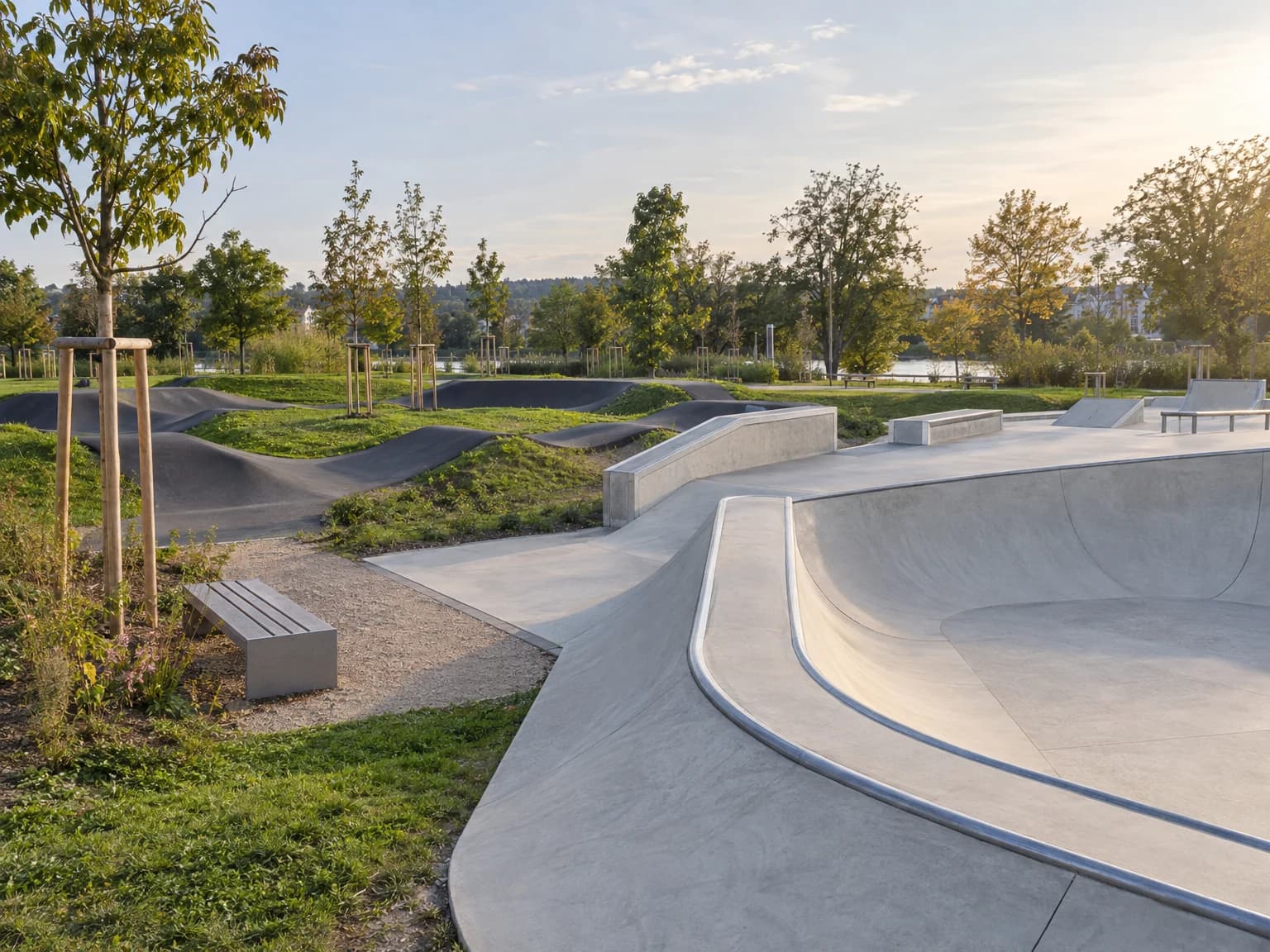 Neu gebaute Skateanlage aus Beton mit Pumptrack in einem Park
