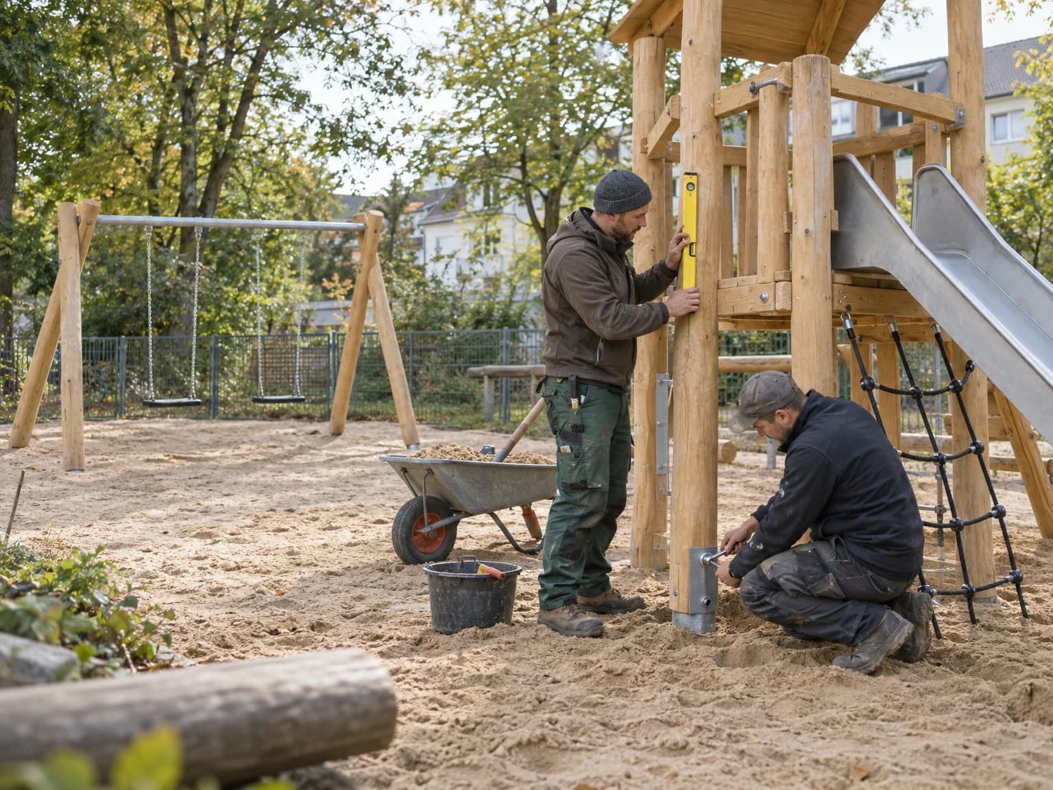 Monteure stellen ein Klettergerüst aus Holz auf einem Spielplatz auf