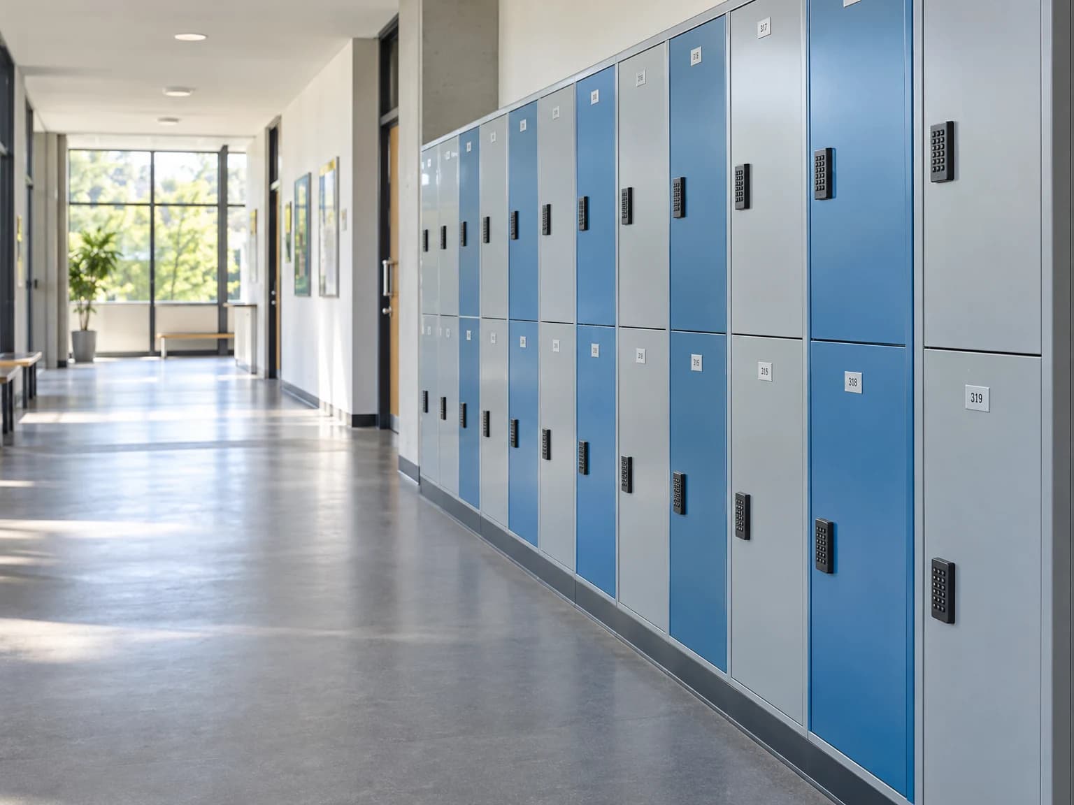 Reihe neuer Schließfächer im Flur einer Schule