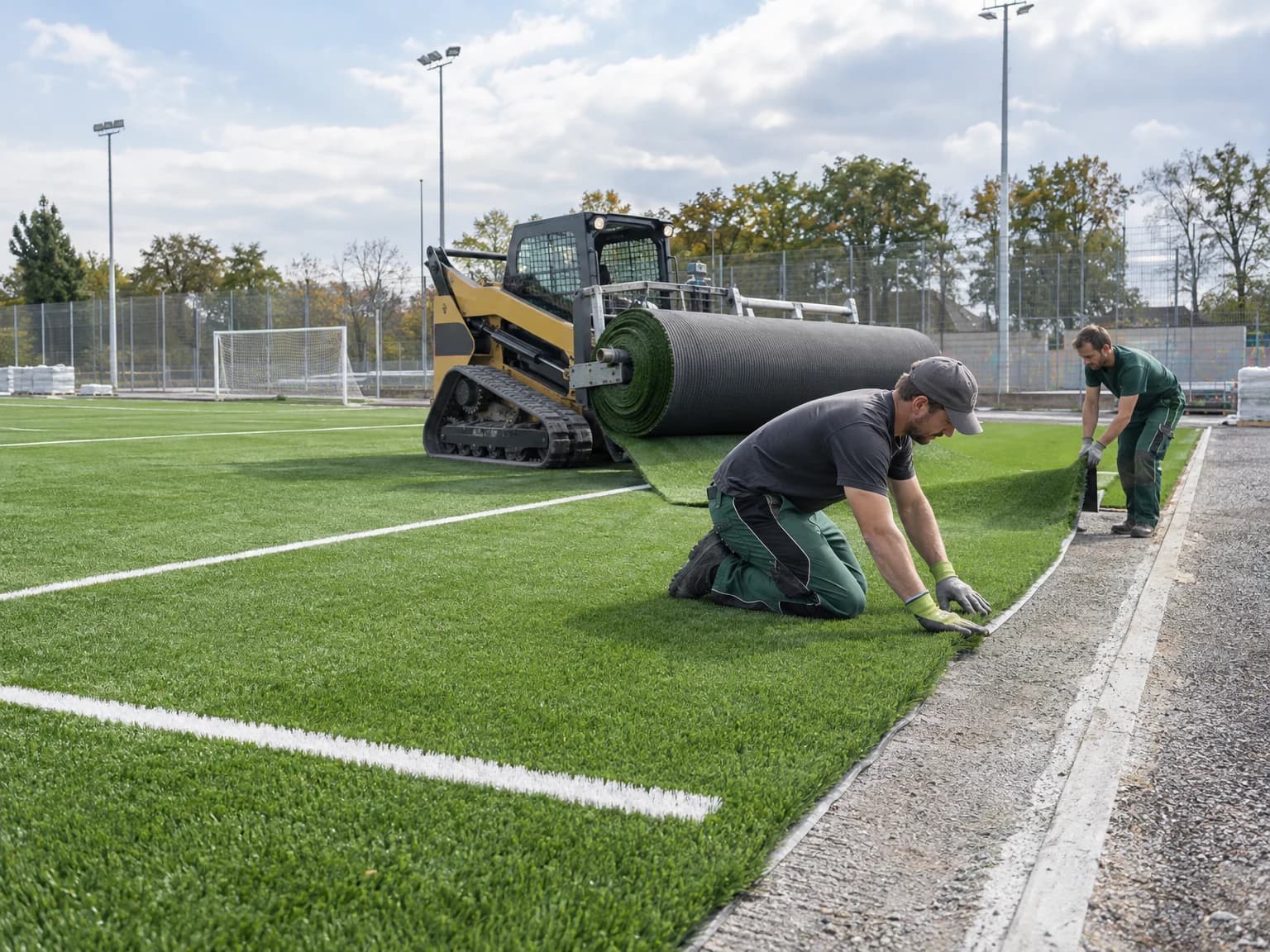 Arbeiter verlegen Kunstrasen auf einem neuen Sportplatz