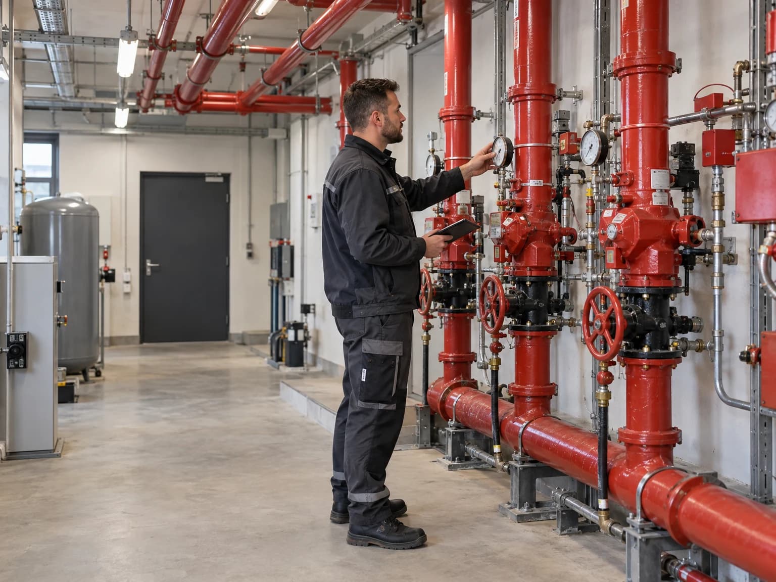 Techniker prüft die Ventilstation einer Sprinkleranlage mit roten Rohrleitungen