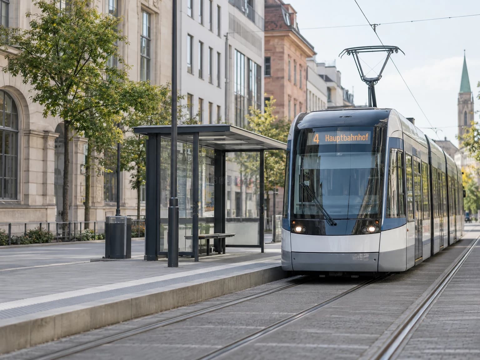 Moderne Niederflur-Straßenbahn an einer Haltestelle in einer deutschen Innenstadt