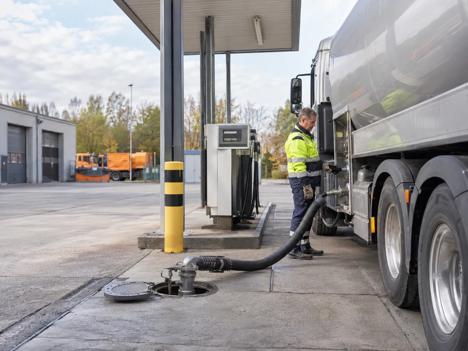 Tankwagen befüllt die Tankanlage eines kommunalen Betriebshofs