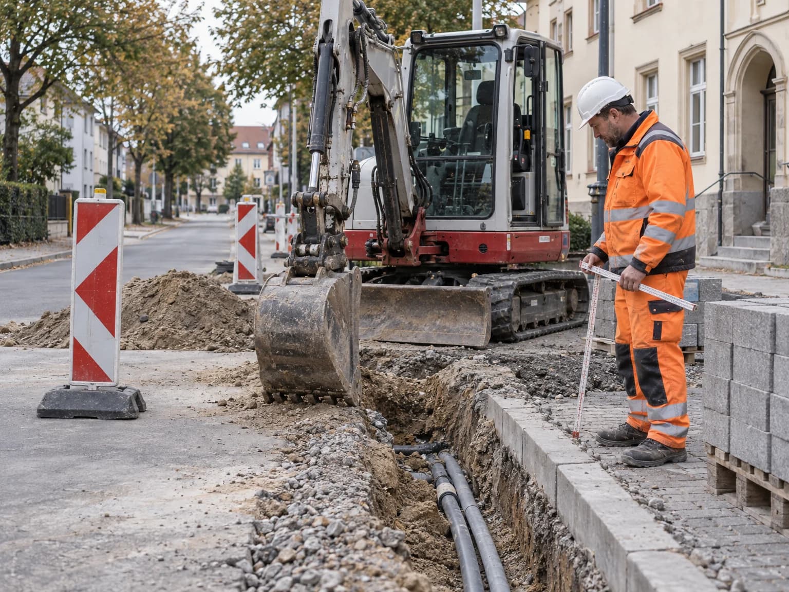 Fachkraft begleitet Erd- und Leitungsbauarbeiten mit einem kompakten Bagger an einer abgesperrten deutschen Straße