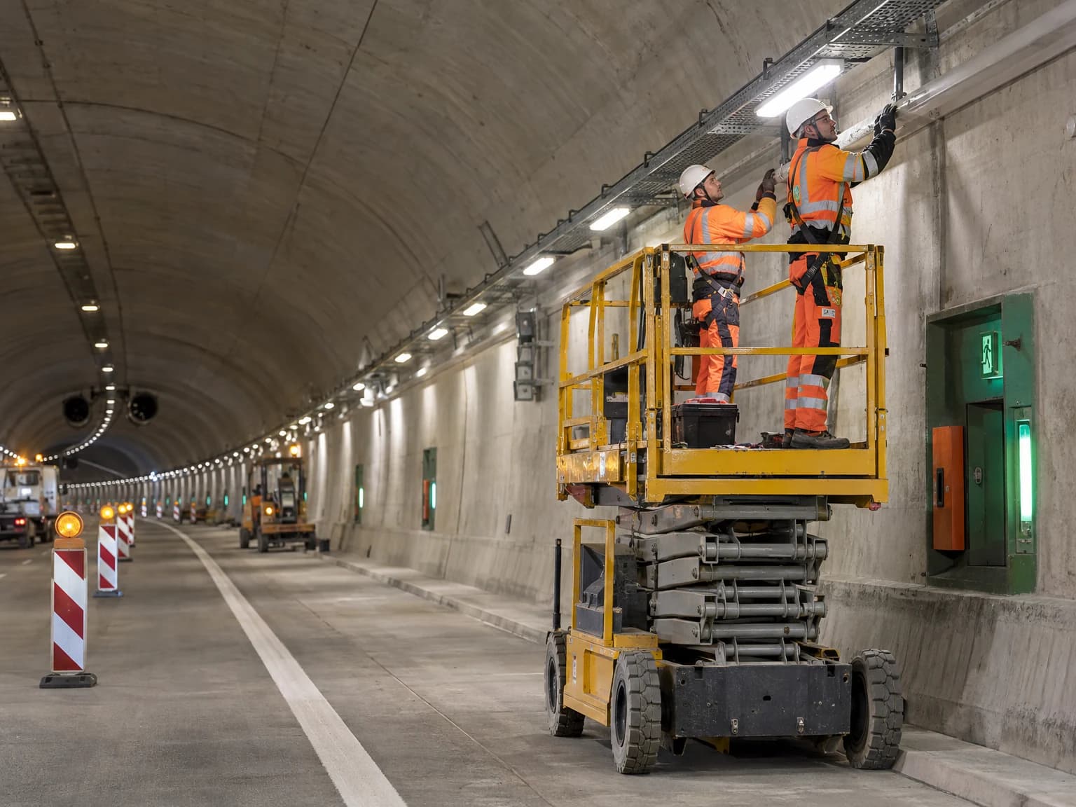 Straßentunnel während einer Sanierung mit Arbeitsbühne und Beleuchtung