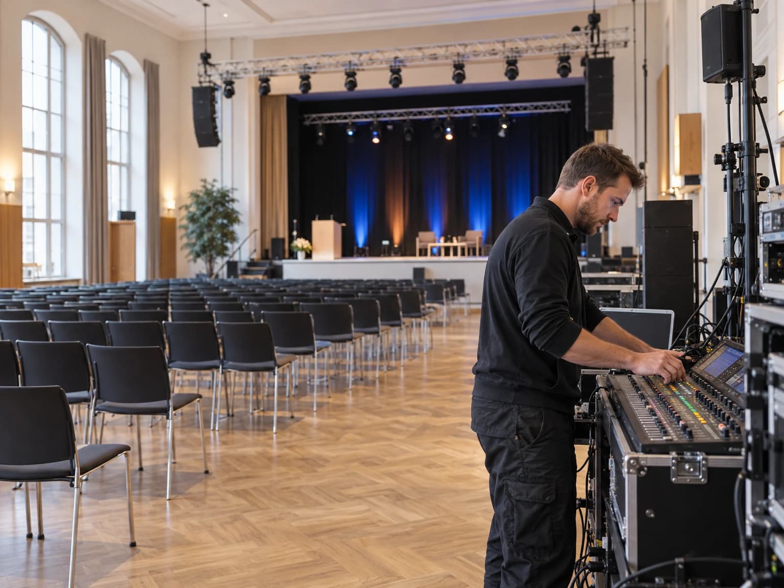 Veranstaltungstechniker richtet Licht und Ton für eine Bühne in einer Stadthalle ein