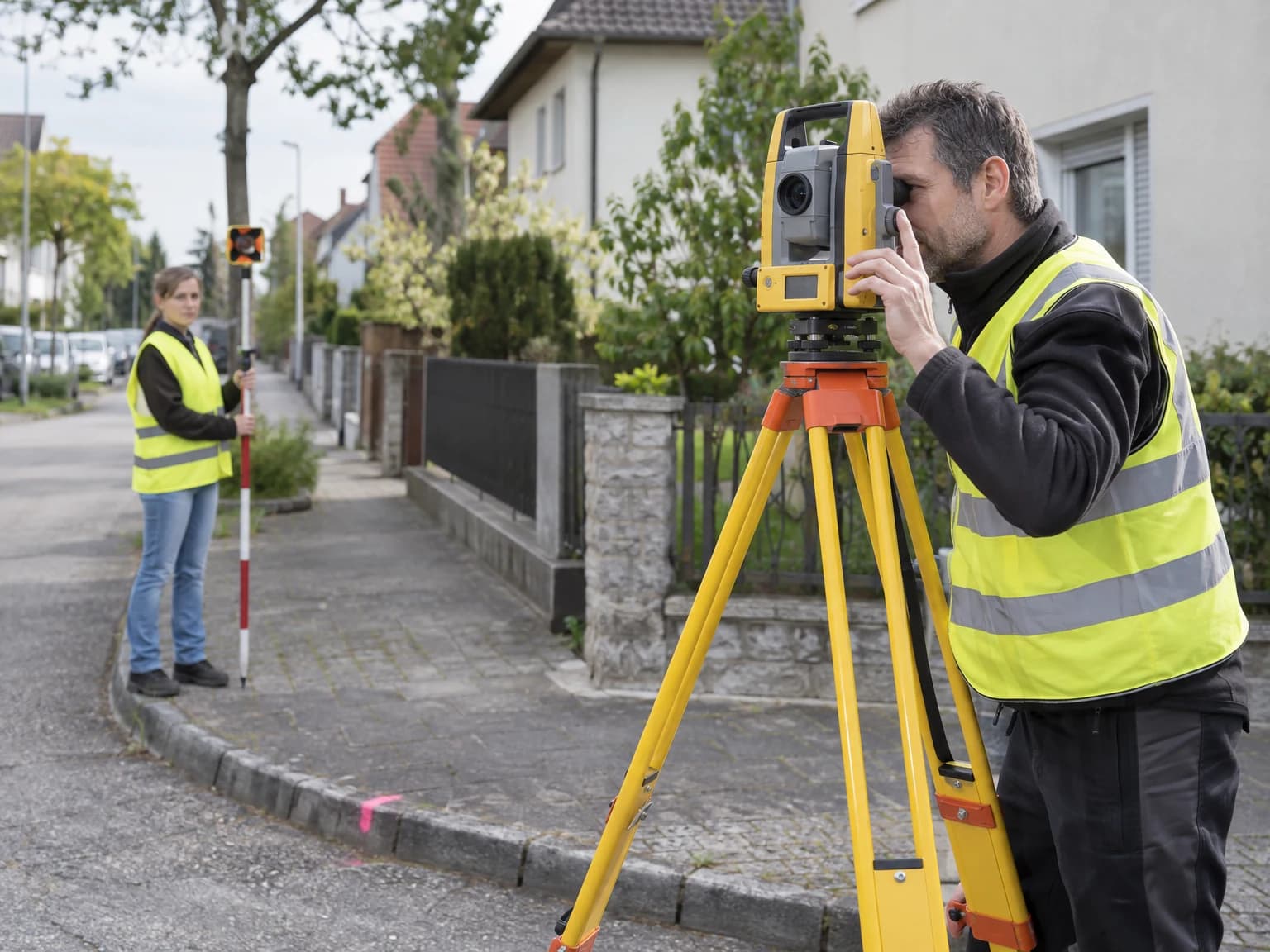 Vermesser misst mit einem Tachymeter an einer Straße