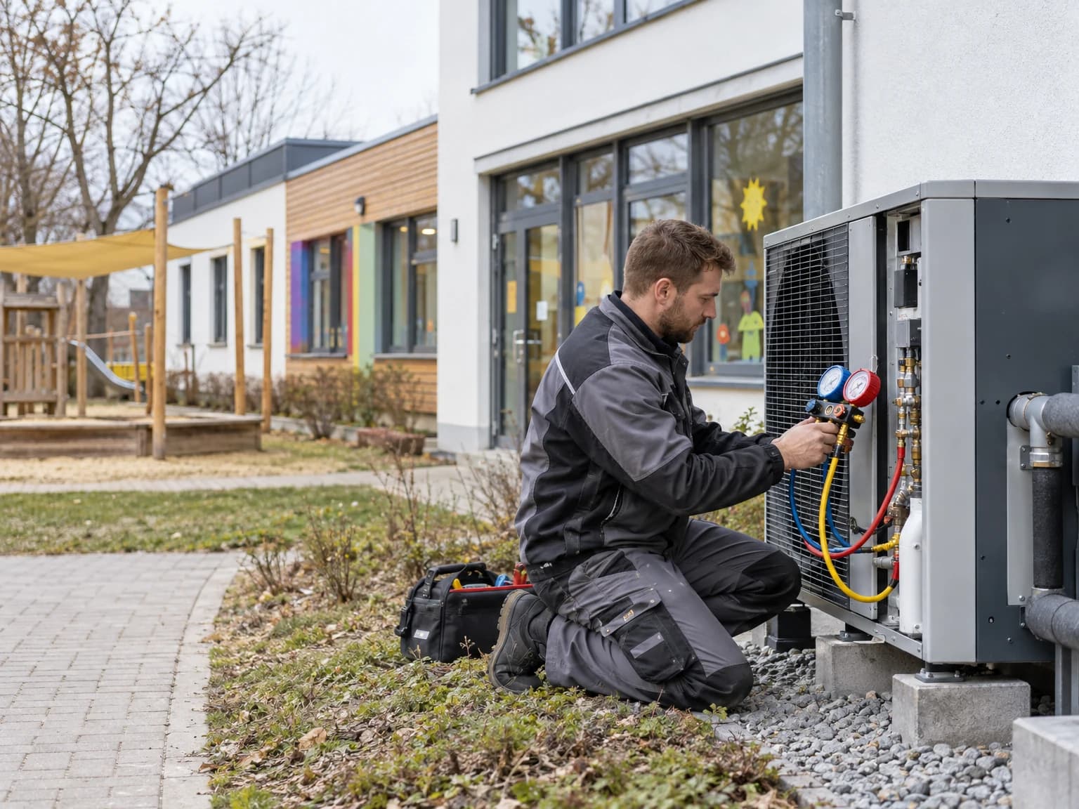 Installateur nimmt eine Luft-Wasser-Wärmepumpe an einem öffentlichen Gebäude in Betrieb