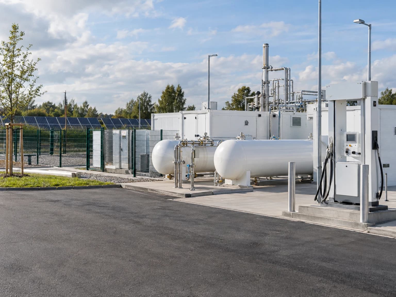 Elektrolyseur-Container und Wasserstofftanks auf dem Gelände eines Versorgers