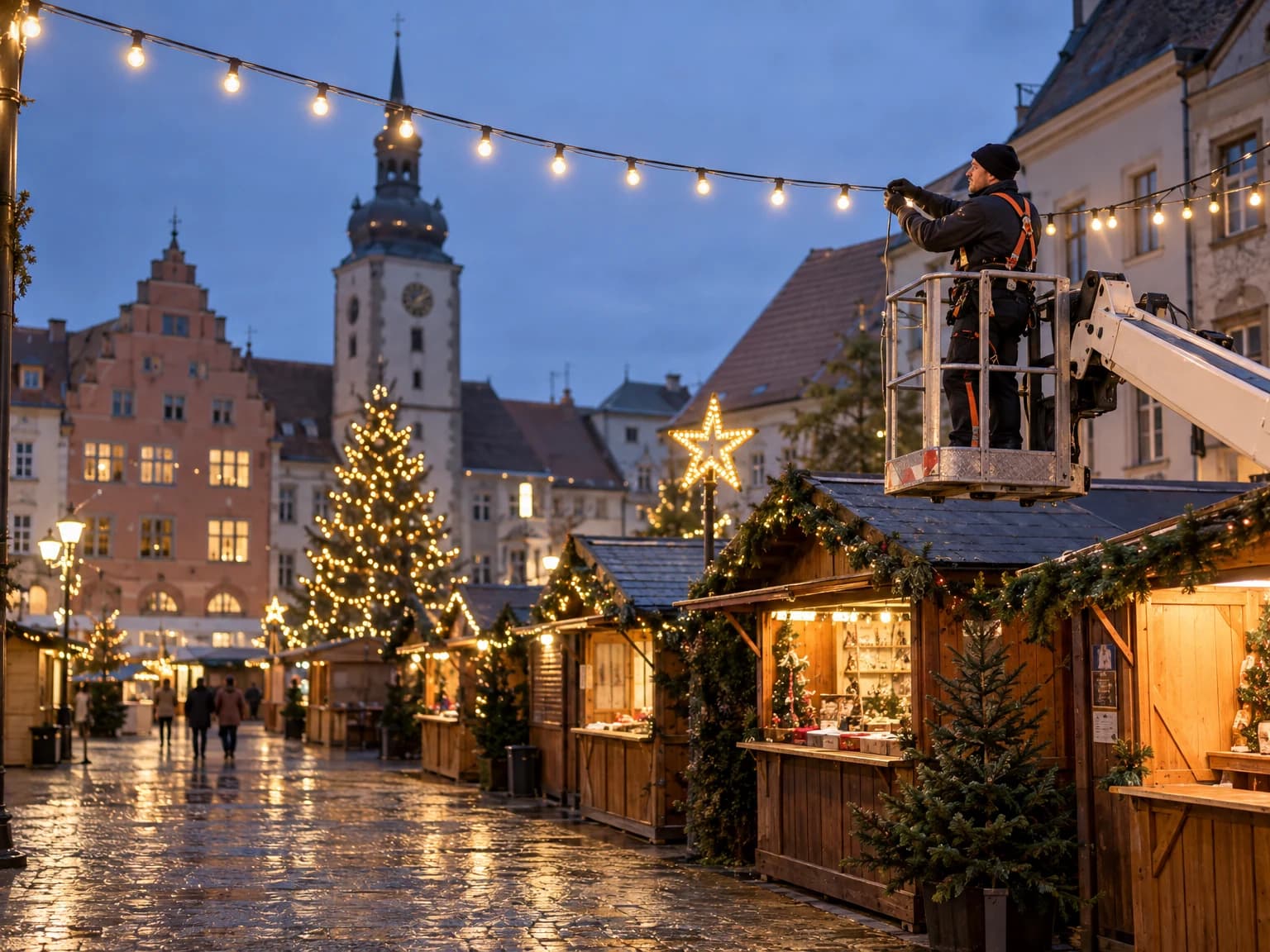 Elektrofachkraft prüft von einer Hubarbeitsbühne aus die Lichterketten über einem Weihnachtsmarkt mit Holzbuden