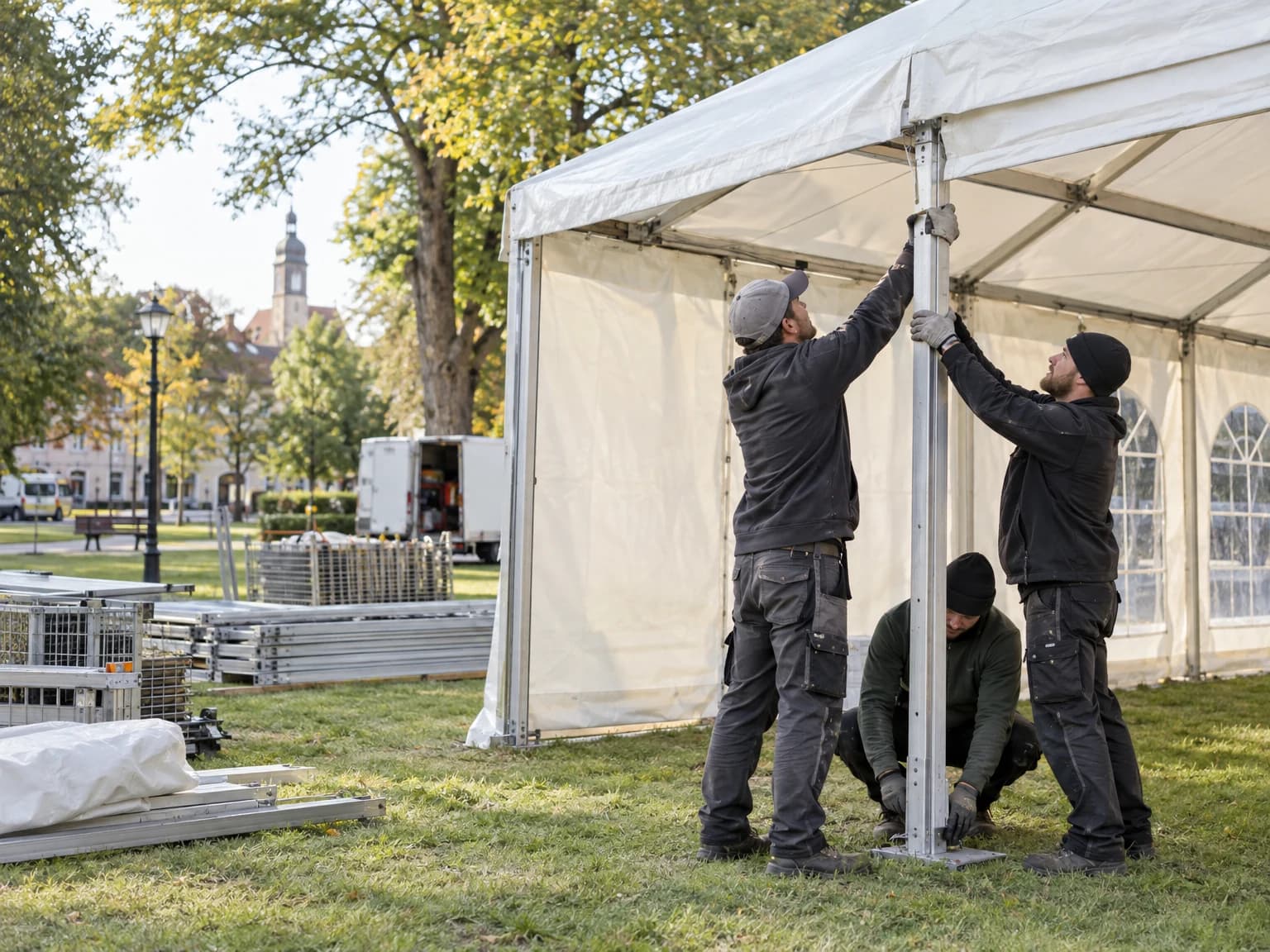 Aufbauteam errichtet ein großes Veranstaltungszelt auf einer Wiese