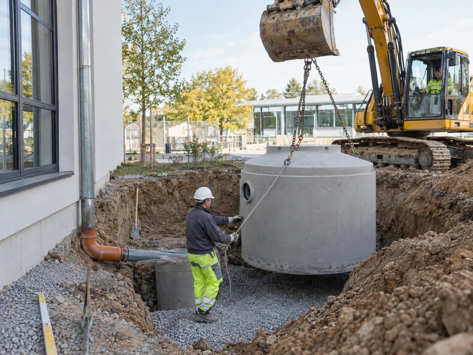 Bagger setzt einen Regenwassertank in eine Baugrube neben einem Gebäude