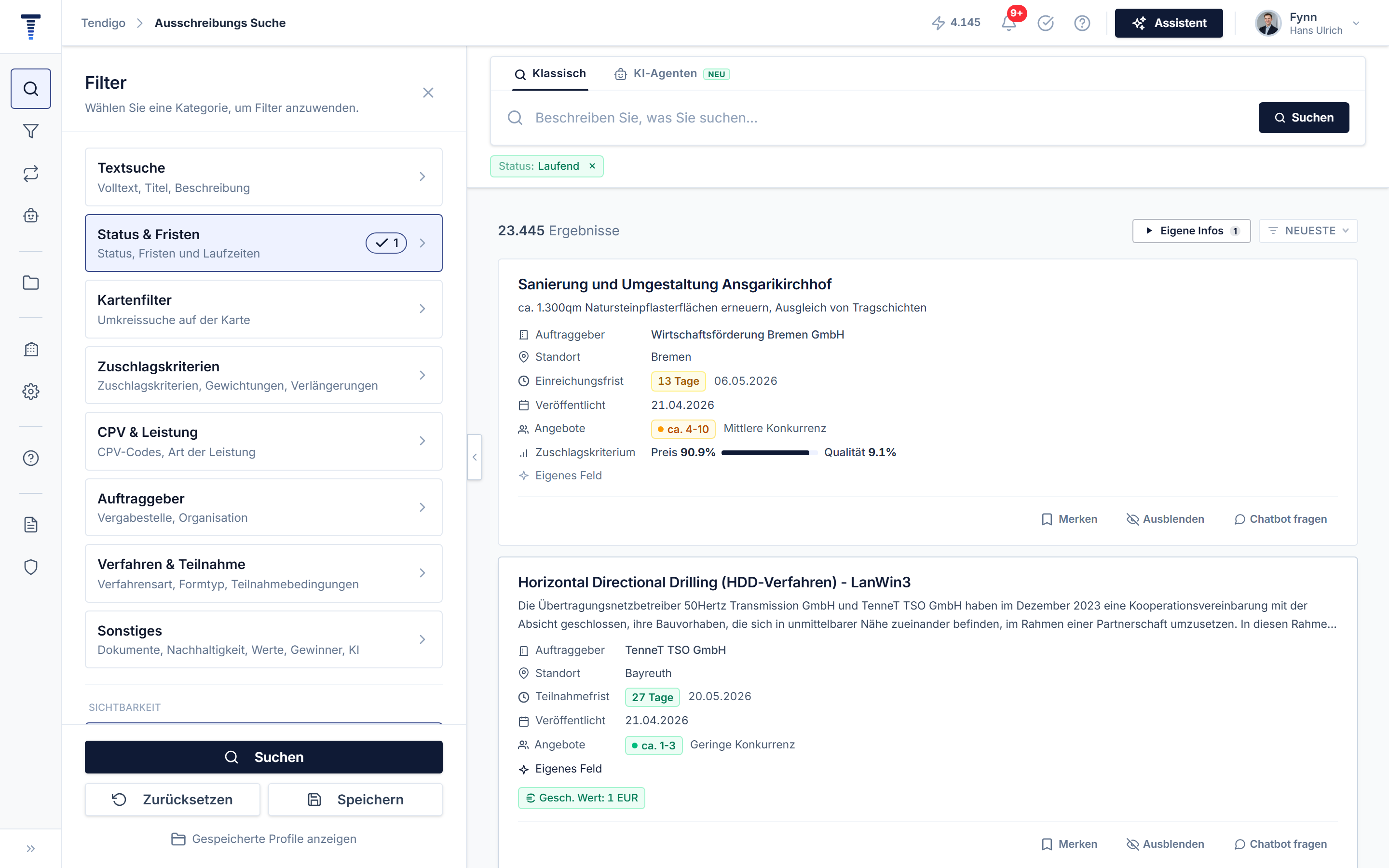 TendiGo Ausschreibungssuche mit Treffer­liste und den Einstiegspunkten Eigene Infos und Eigenes Feld