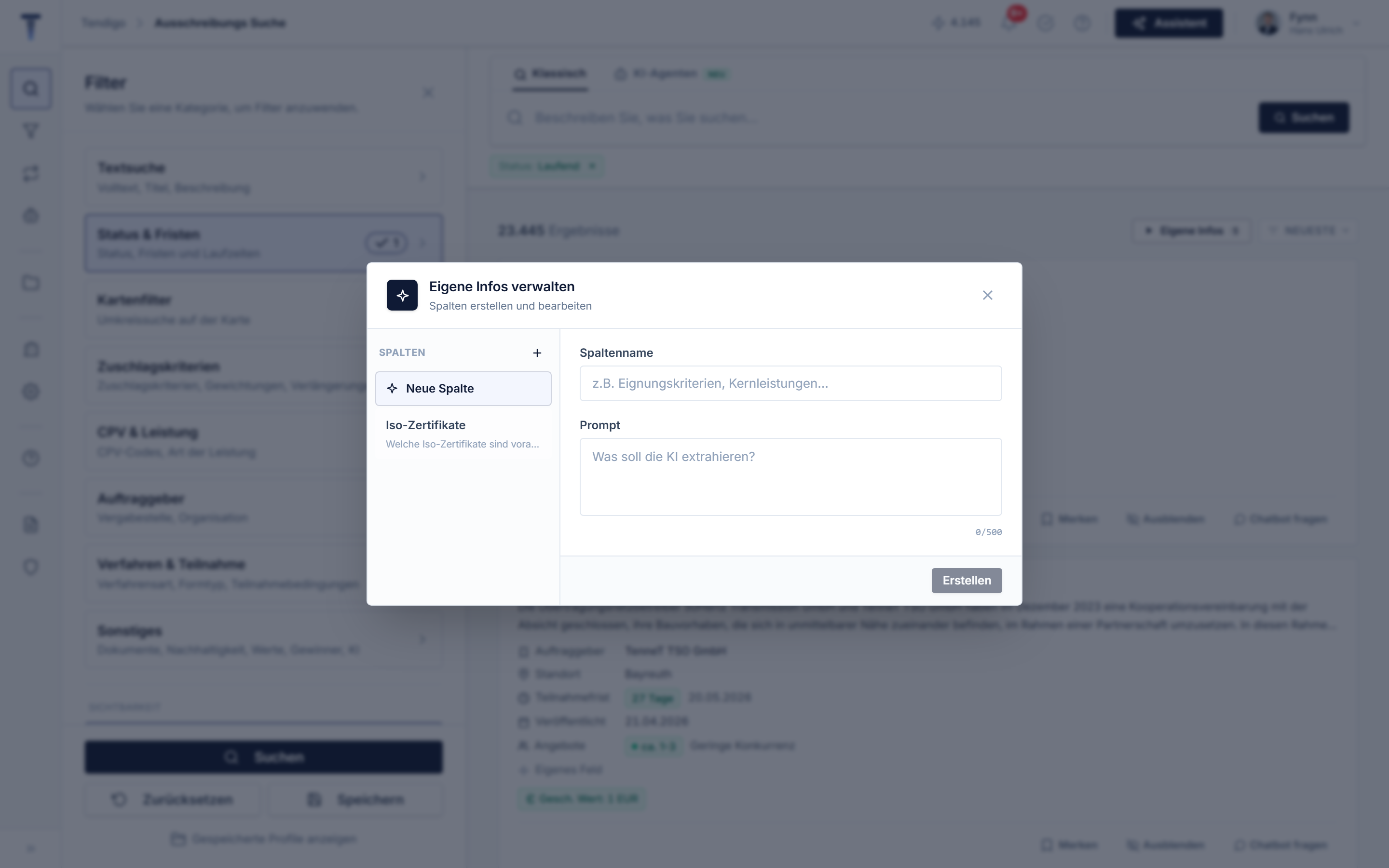 Modal „Eigene Infos verwalten" — leeres Formular mit Spaltenname- und Prompt-Feld