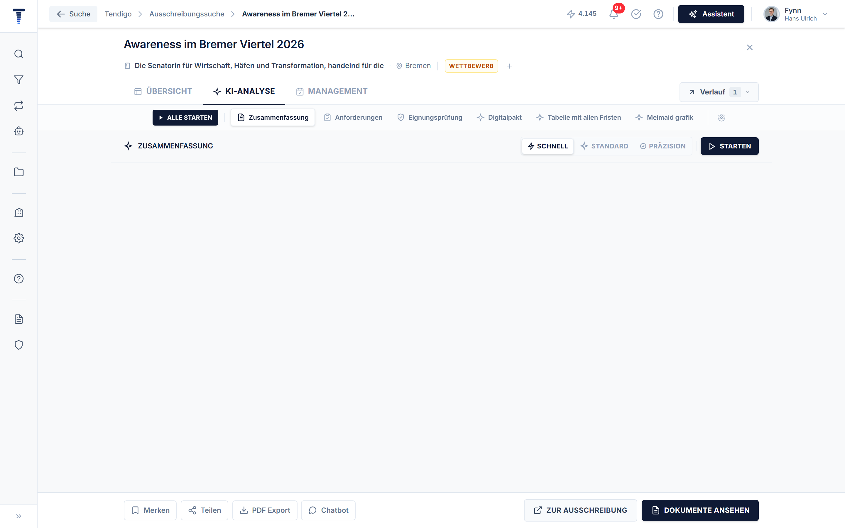 KI-Analyse-Reiter mit vordefinierten Analysen, darunter „Eignungsprüfung", sowie Qualitätsstufen und Starten-Button